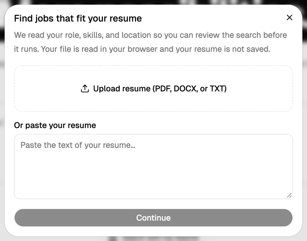 The upload window with an Upload resume button for PDF, DOCX, or TXT files and a box to paste your resume