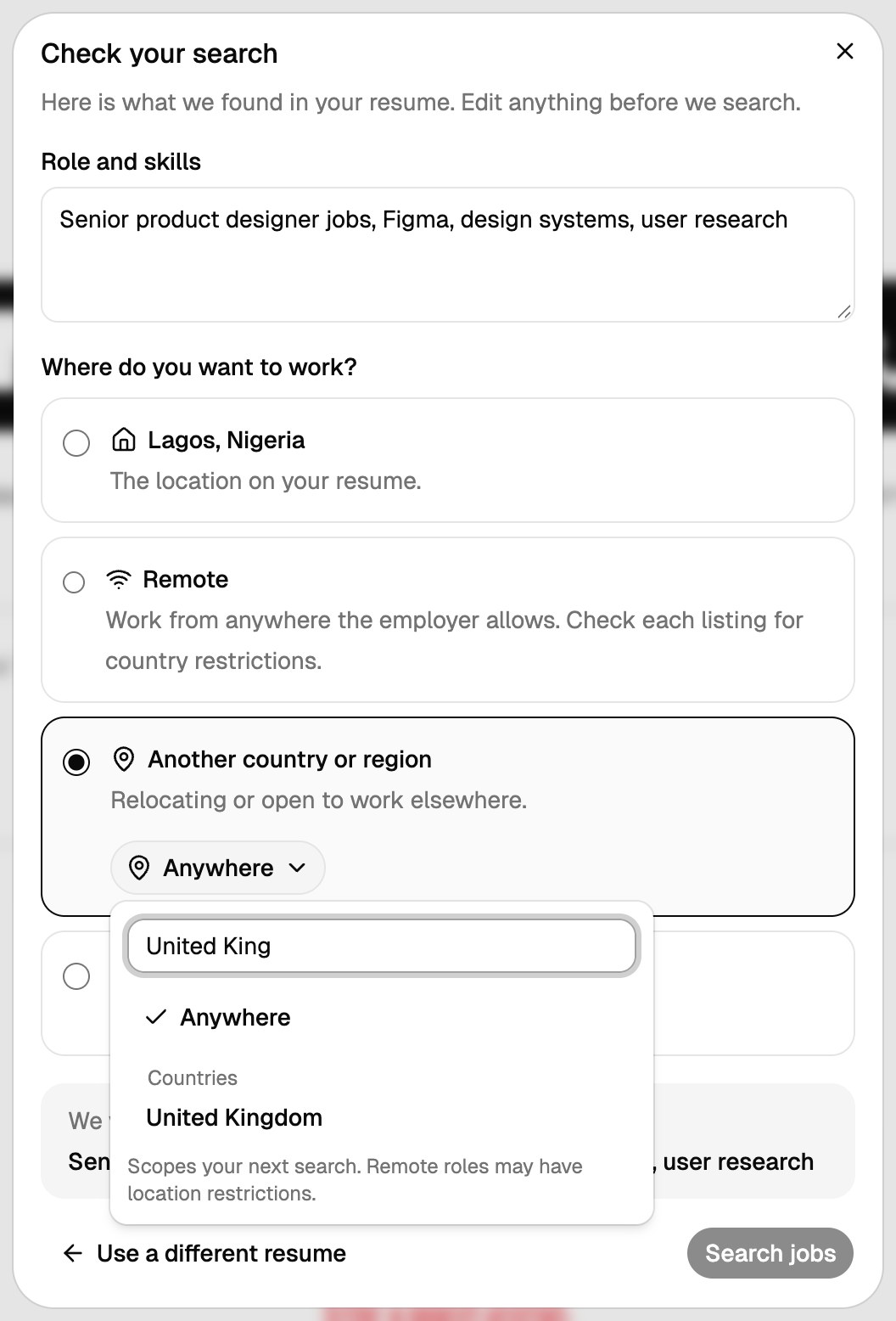 The Another country or region option open, with United Kingdom found in the location search
