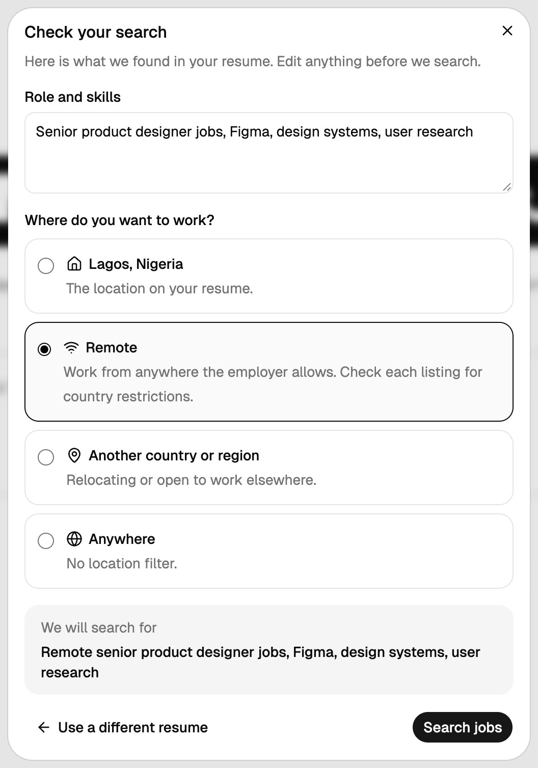 The Remote option selected, with the search updated to Remote senior product designer jobs, Figma, design systems, user research