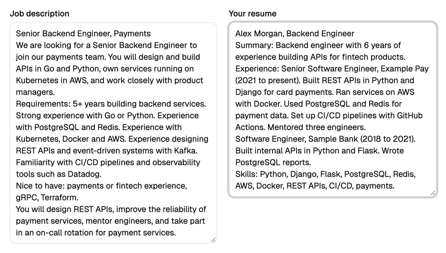 The resume keyword checker with a job description for a senior backend engineer and a sample resume pasted side by side