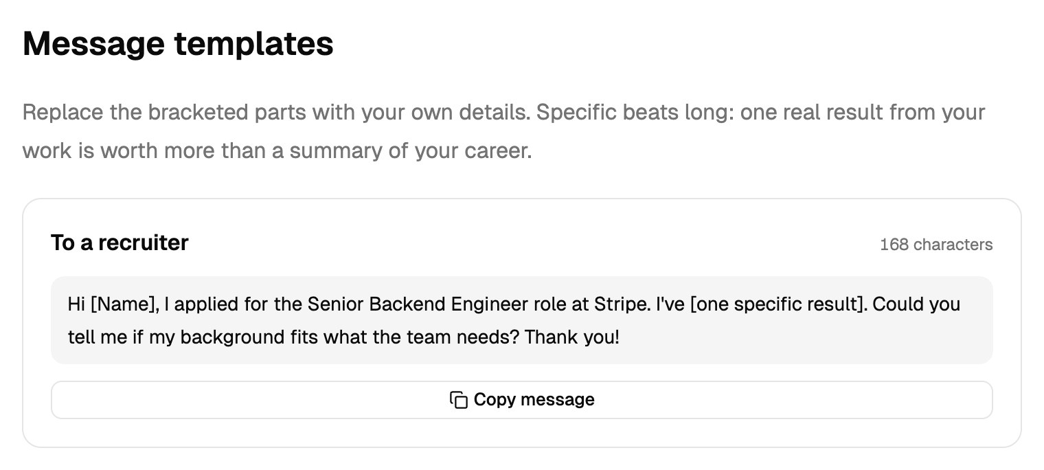 A message template to a recruiter, with a character count and a Copy message button