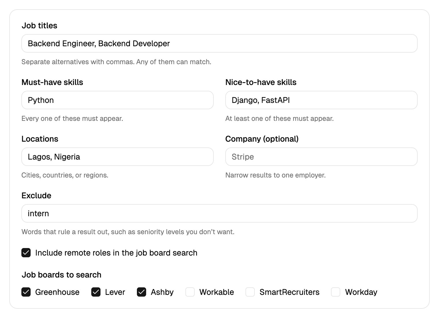The Boolean search generator form filled in with backend engineer titles, Python skills, Lagos, Nigeria, and Greenhouse, Lever, and Ashby selected