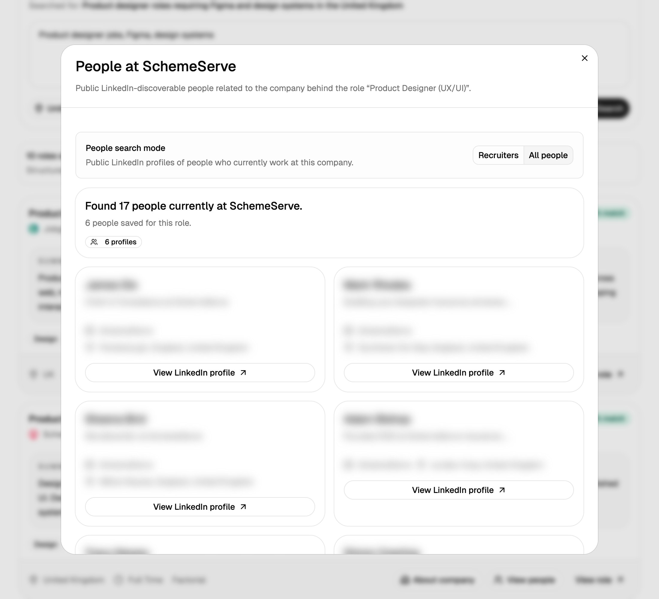 The People at SchemeServe window in All people mode, showing a list of profiles with View LinkedIn profile buttons. Names are blurred for privacy.
