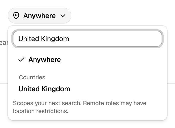 The location picker open, with United Kingdom found by typing