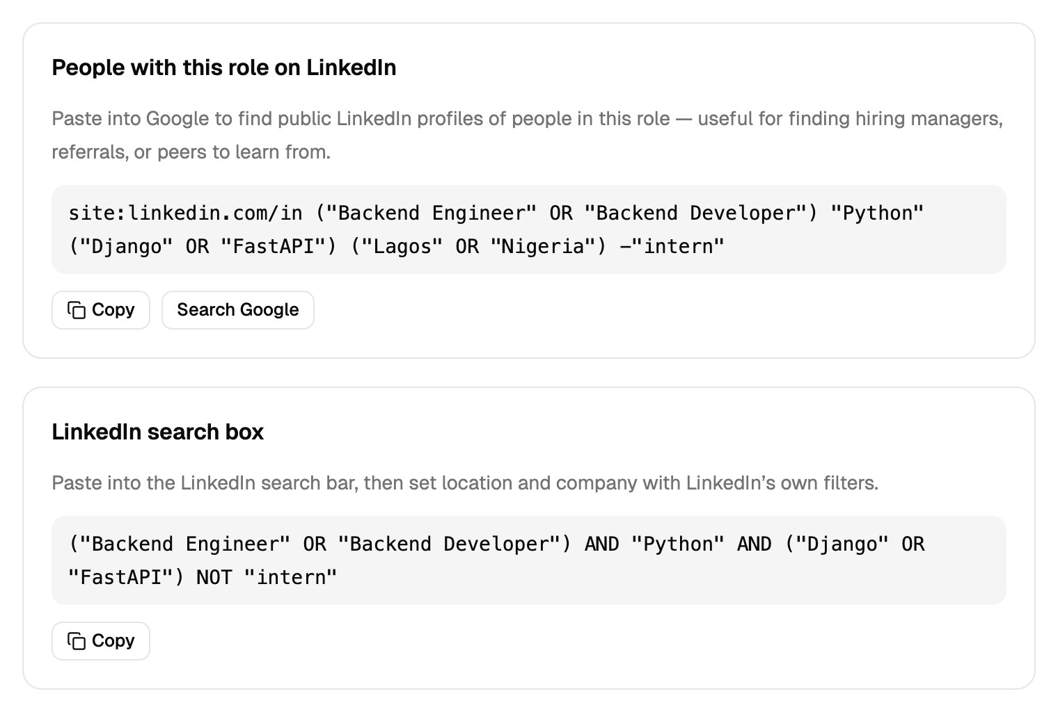 Two more searches: one for LinkedIn profiles through Google, and one for LinkedIn's search box
