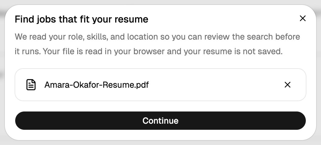 The upload window showing a resume PDF ready to go and a Continue button