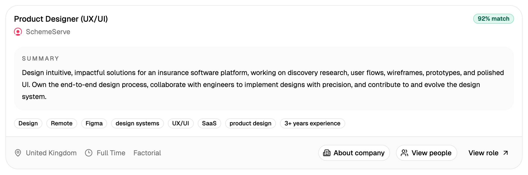 A job card for Product Designer (UX/UI) at SchemeServe with a 92% match, a summary, skills, and About company, View people, and View role buttons