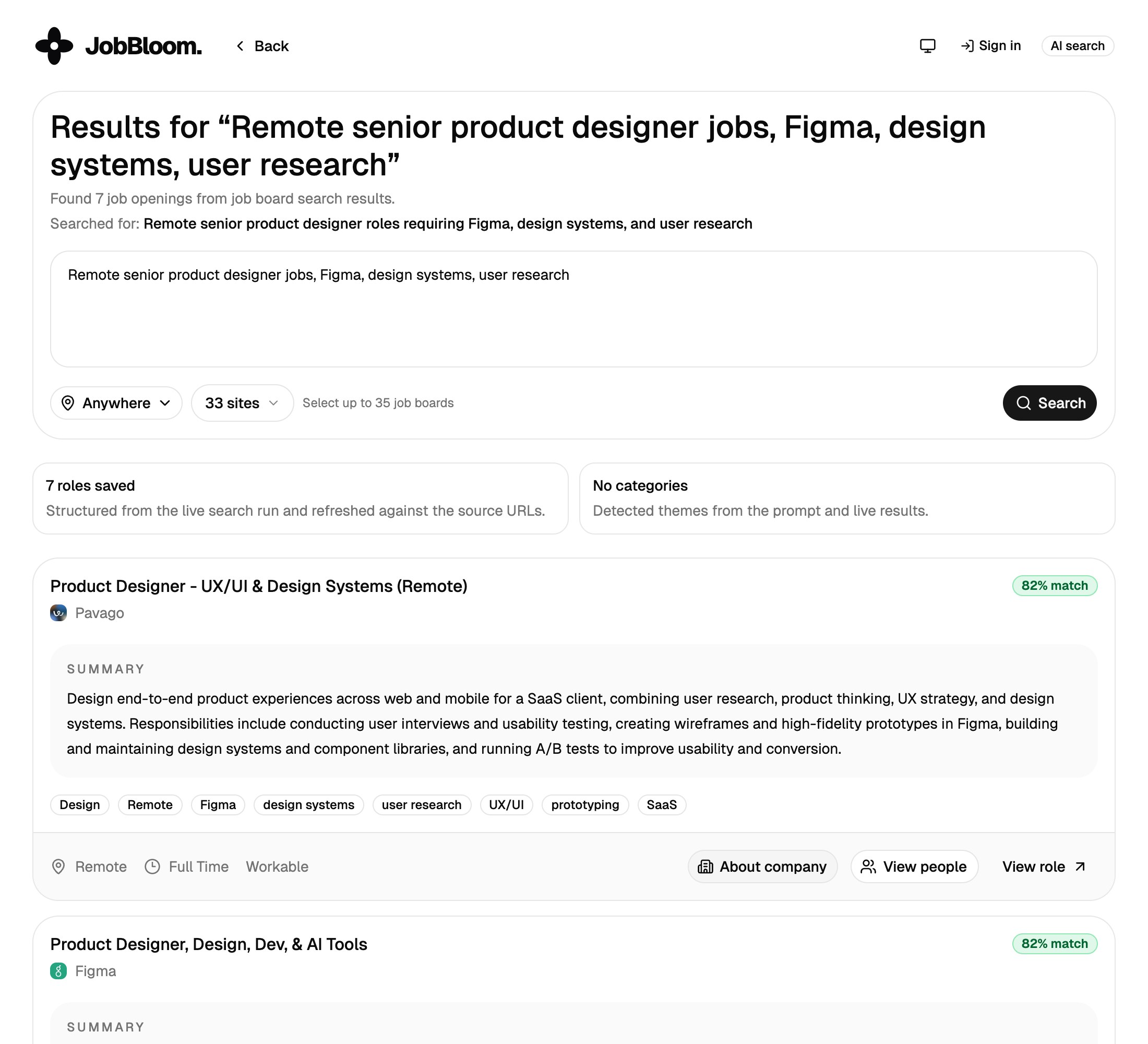 Search results for remote senior product designer jobs, showing 7 roles with match scores, summaries, and skills