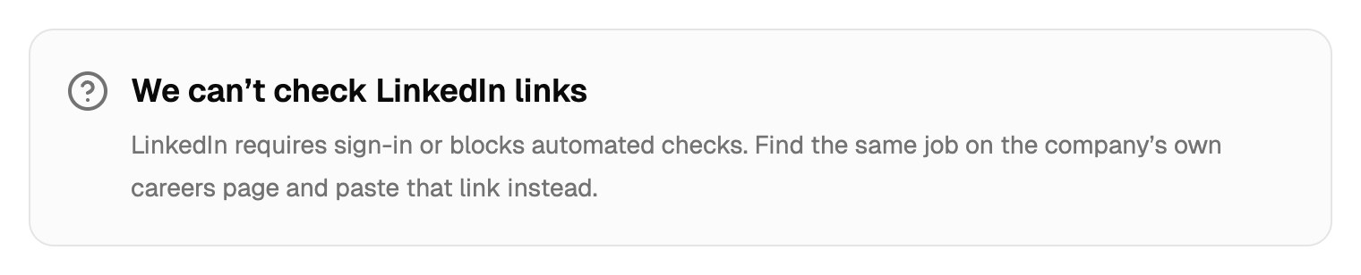 A grey result explaining that LinkedIn links can't be checked