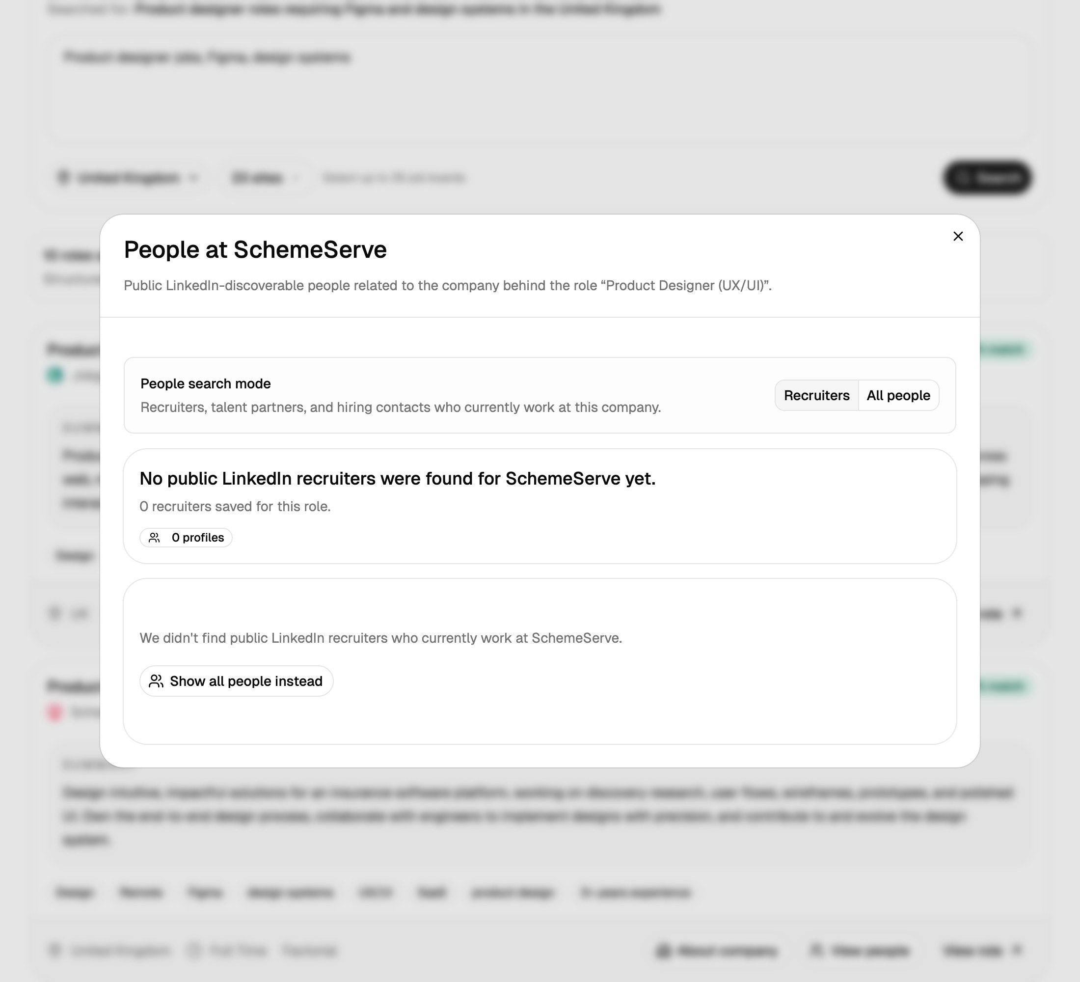 Recruiters mode showing that no public LinkedIn recruiters were found for SchemeServe, with a Show all people instead button