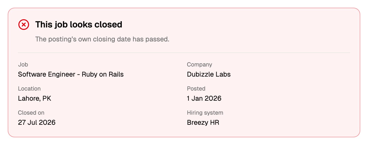 A red result saying the job looks closed because its closing date has passed