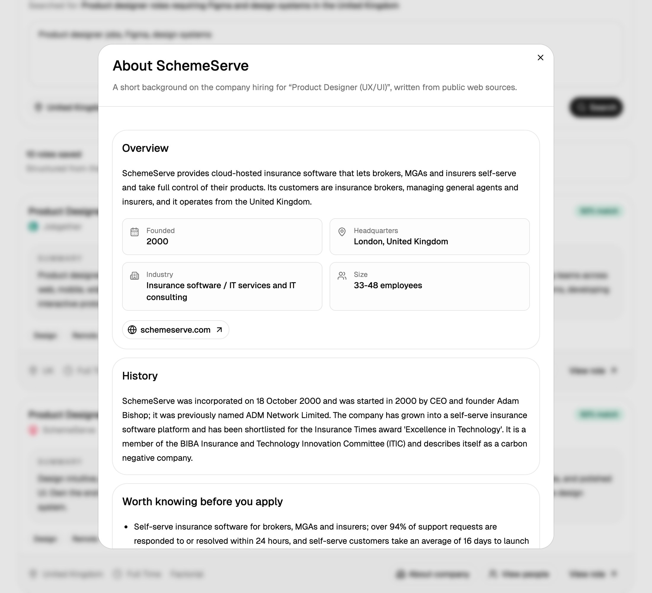 The About SchemeServe window showing an overview, the year founded, headquarters, industry, company size, website, history, and things worth knowing before you apply